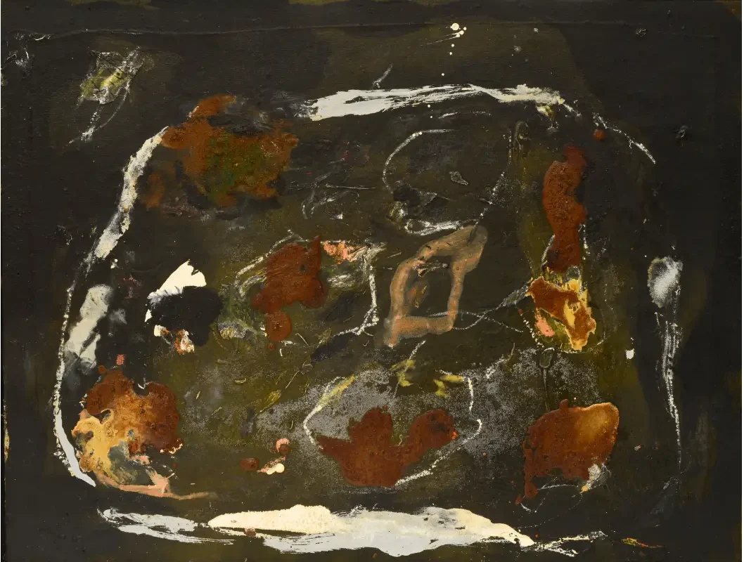 Abstraktes Kunstwerk von Emil Schumacher mit unregelmäßigen braunen, weißen und schwarzen Farbflächen auf dunklem Hintergrund