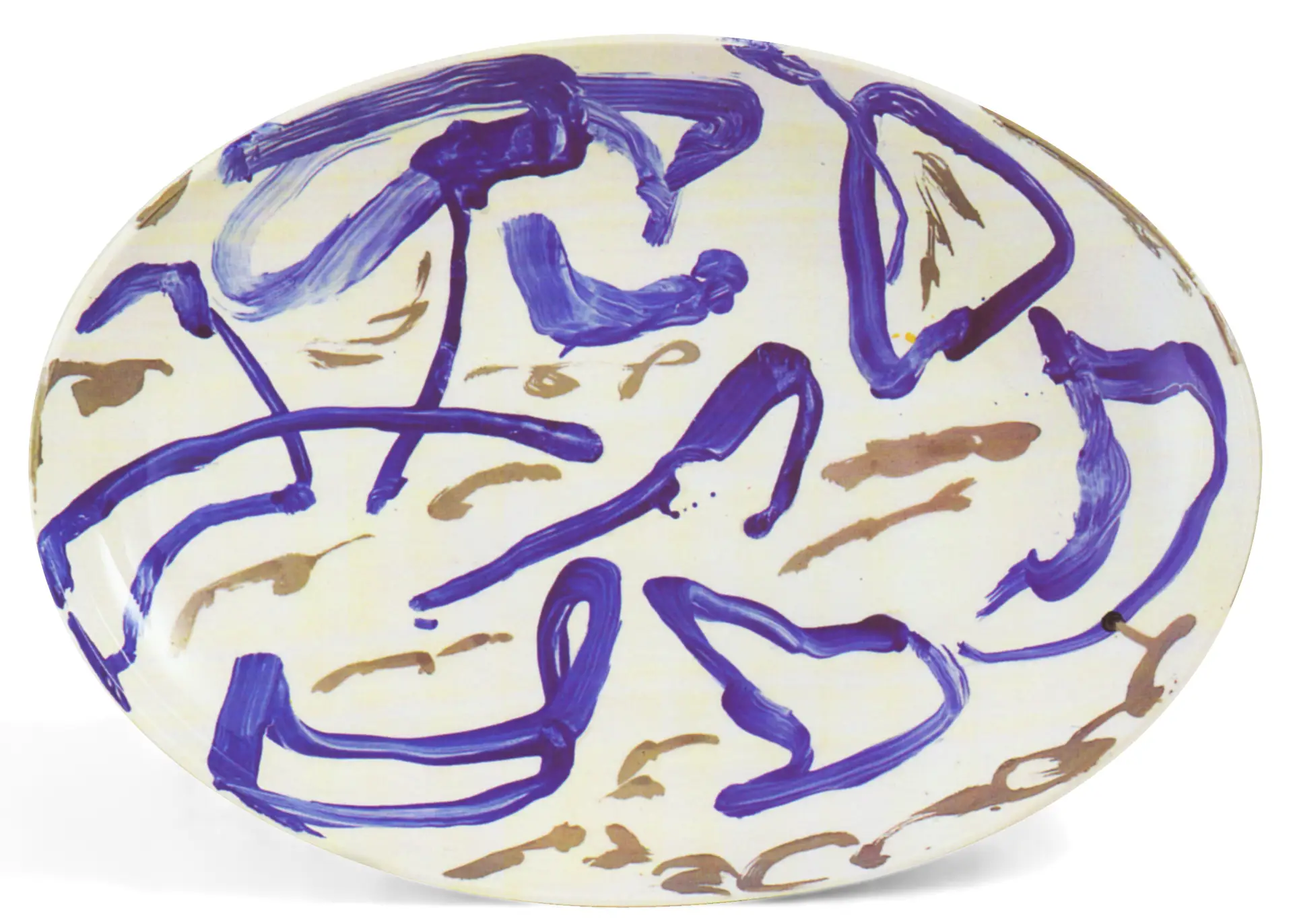 Ovaler Porzellanteller in weiß mit blauen und goldenen Linien in abstrakten Formen