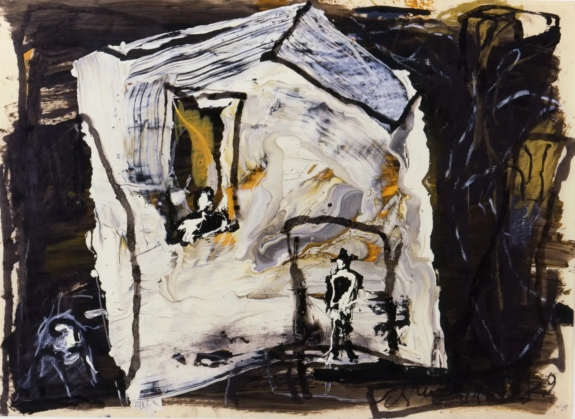 Abstraktes Kunstwerk von Emil Schumacher mit schwarzen Farbflächen, mittig eine weiße Fläche mit gelb-braunen und blauen Schattierungen, dazu schwarze Linien, die an die Umrisse von Türen, Fenstern und einer Person erinnern