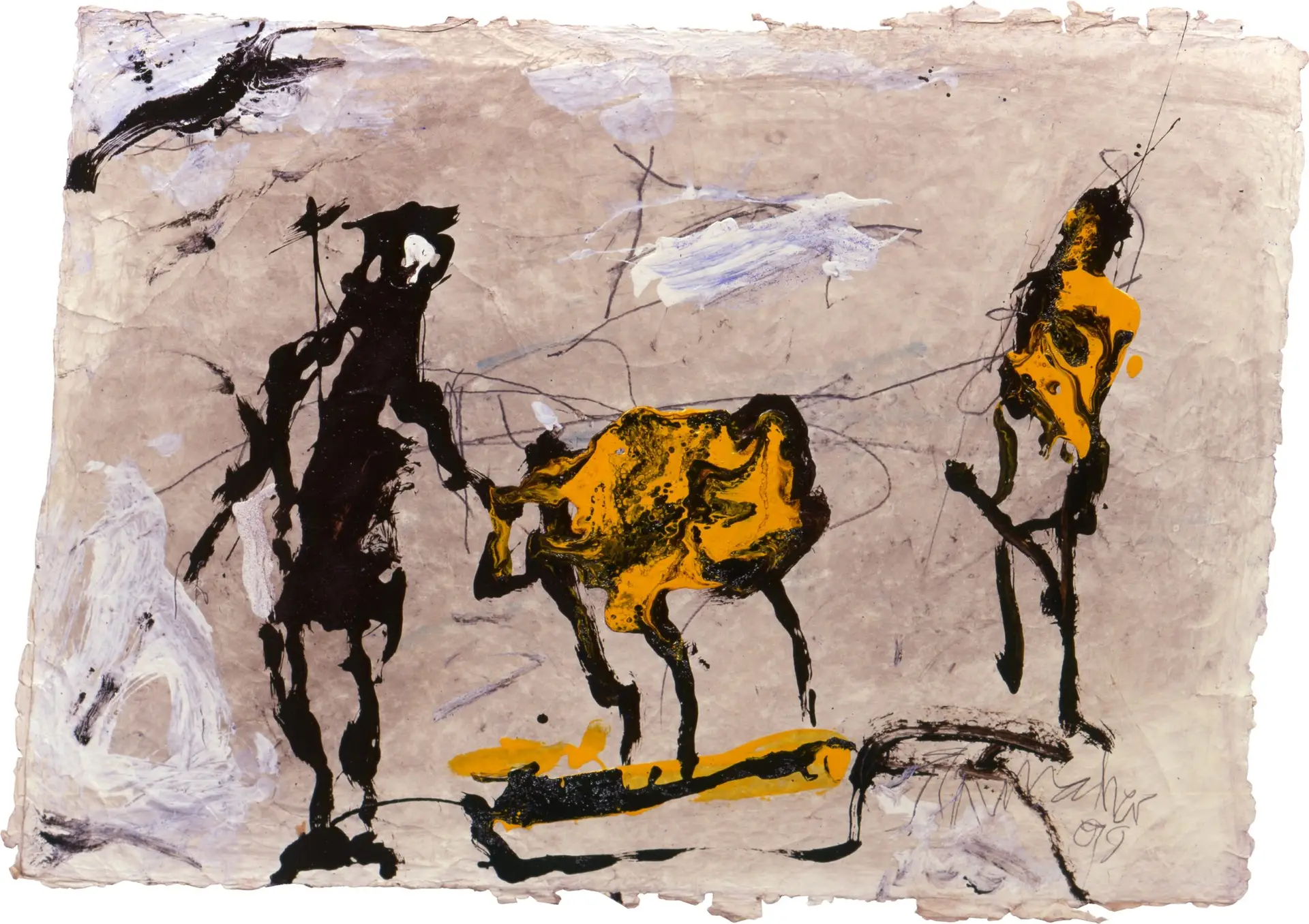 Abstrakte bukolische Szene mit zwei menschlichen Figuren und einem Tier, gemalt in Gouache von Emil Schumacher