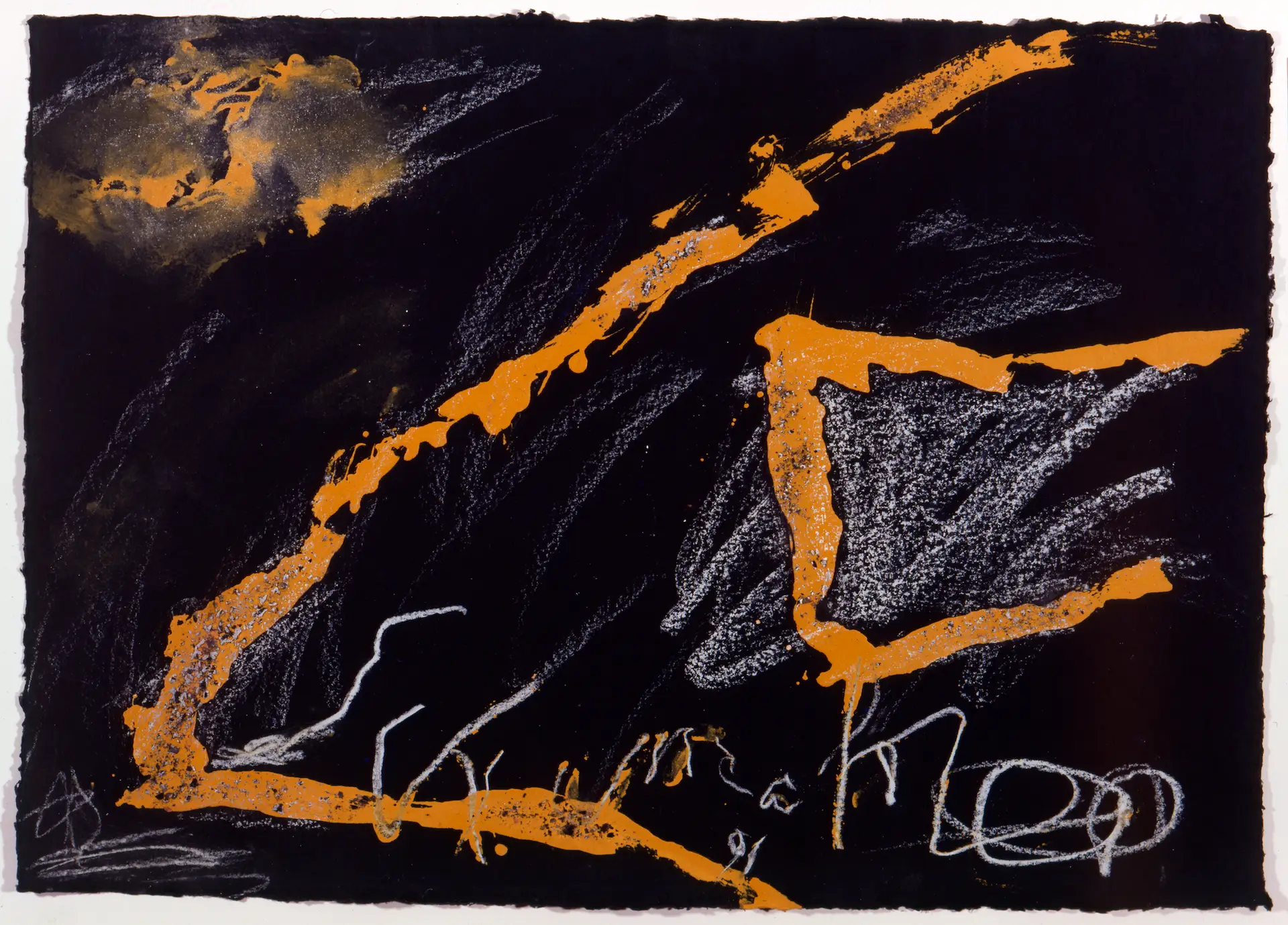 Abstrakte Gouache von Emil Schumacher mit schwarzen Flächen, orangen Linien und weißer Signatur auf Papier
