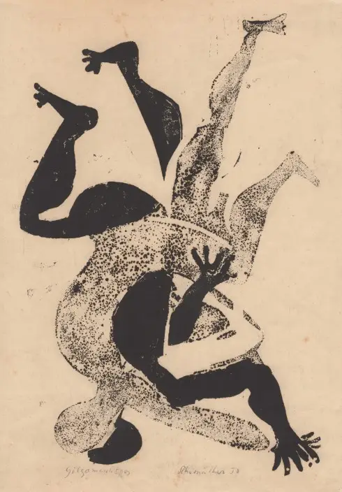 Schwarz-weißer Linolschnitt von Emil Schumacher mit zwei ineinander verschlungenen, abstrakt dargestellten menschlichen Figuren in dynamischer, herabvallender Pose