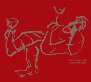 Katalog-Cover mit rotem Einband und einer grauen, abstrakten Linienzeichnung