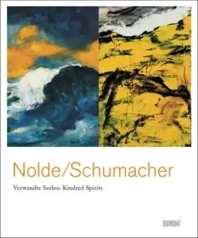 Zwei abstrakte Gemälde dominieren das Cover. Links ist eine Komposition in Blau-, Grün- und Schwarztönen mit dynamischen Pinselstrichen zu sehen, die an eine bewegte Meereslandschaft erinnert. Rechts befindet sich ein Bild in Gelb- und Schwarztönen mit kräftigen Linien und flächigen Strukturen. Darunter steht in großer, orangefarbener Schrift 'Nolde/Schumacher'. In kleinerer, grauer Schrift folgt der Untertitel 'Verwandte Seelen. Kindred Spirits'. Am unteren Rand ist das Verlagslogo 'DUMONT' abgebildet. Der Einband ist weiß.