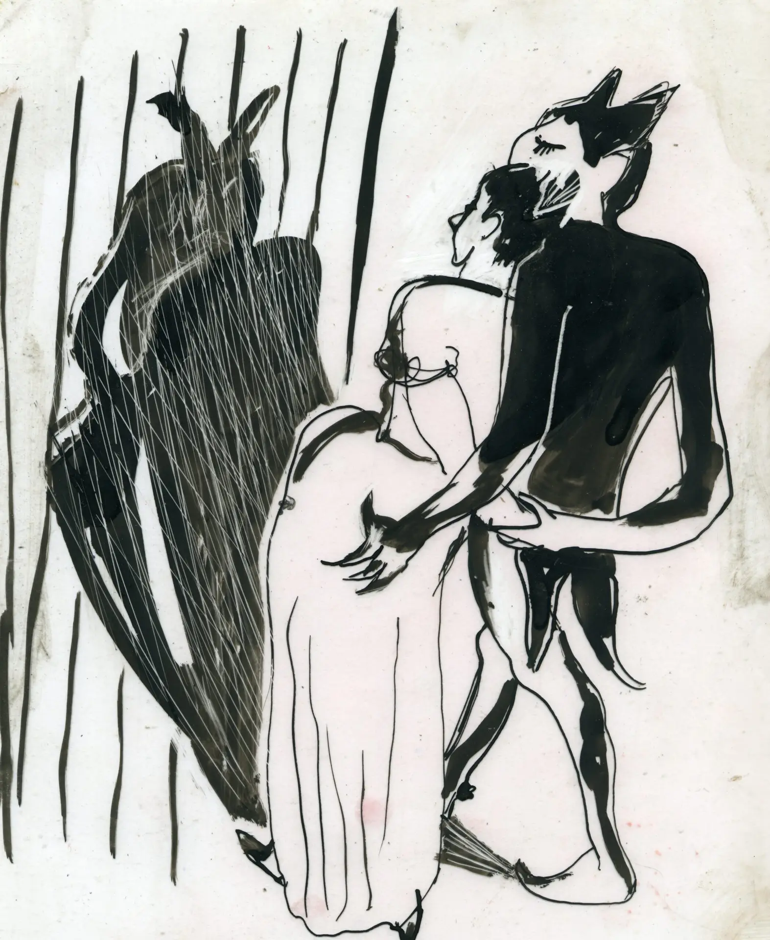 Schwarz-weiße Linienzeichnung von Emil Schumacher als Illustration zu Goethes Faust. Zwei Figuren stehen eng beieinander, eine davon mit teuflischen Hörnern und spitzem Kinn, die andere mit langen Haaren und einem bodenlangen Kleid. Die Figur mit Hörnern legt den Arm um die andere Person. Im Hintergrund fällt der Schatten beider Figuren auf eine schraffierte Fläche.