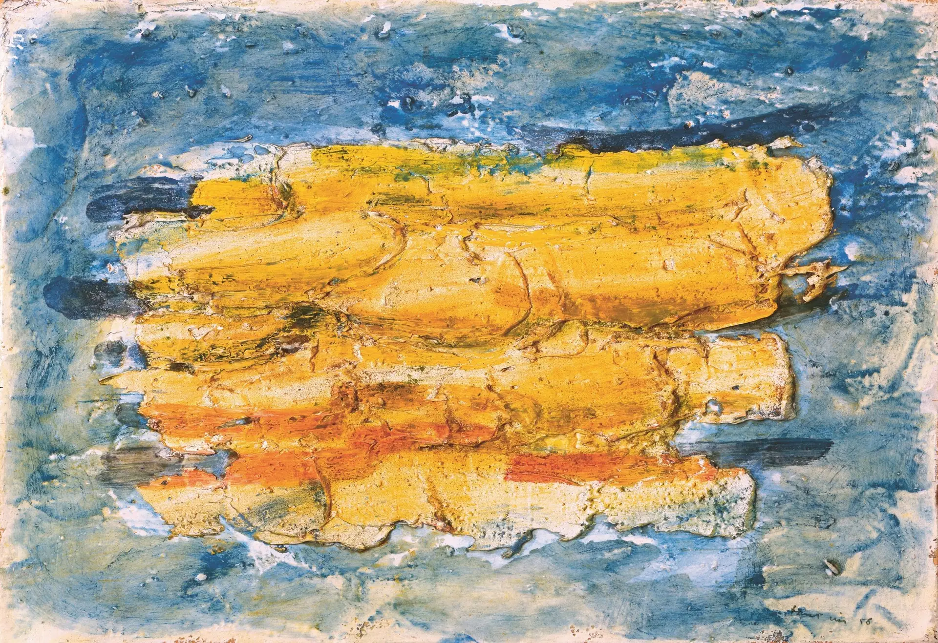 Gemälde von Jean Fautrier mit hellblauer und orangener Farbe