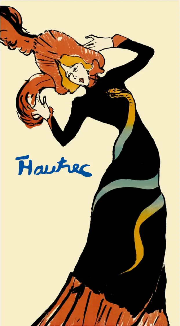 Eine stilisierte Frau mit langem schwarzen Kleid und einem großen roten Hut, die sich mit erhobenen Armen bewegt, daneben die blaue Signatur Toulouse-Lautrec